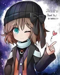Rule 34 | 1other, ;), adapted costume, androgynous, beanie, black hat, black ribbon, black sweater, blue eyes, brown hair, cardigan, cine hamal, closed mouth, commentary request, english text, hand up, hat, hat ribbon, heart, jacket, kuzu suzumi, len&#039;en, long sleeves, medium hair, one eye closed, open clothes, open jacket, orange cardigan, other focus, ribbon, smile, solo, sweater, turtleneck, turtleneck sweater, websci 3357