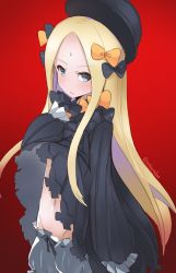 Rule 34 | 1girl, abigail williams (fate), black bow, black dress, black hat, blonde hair, bloomers, blue eyes, bow, bug, butterfly, closed mouth, clothes lift, commentary request, dress, dress lift, fate/grand order, fate (series), forehead, groin, hair bow, hat, insect, lifting own clothes, long hair, long sleeves, looking at viewer, naik, navel, orange bow, parted bangs, polka dot, polka dot bow, red background, sleeves past wrists, solo, sweat, twitter username, underwear, v-shaped eyebrows, very long hair, wavy mouth, white bloomers
