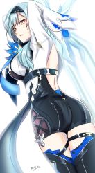 Rule 34 | 1girl, absurdres, ass, bare shoulders, blue hair, blush, breasts, cape, eula (genshin impact), from behind, genshin impact, gloves, hairband, highres, large breasts, leotard, long hair, looking at viewer, shiny clothes, shiny skin, sideboob, solo, sword, thighhighs, weapon, yellow eyes, yuushiba