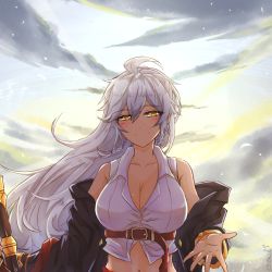 Rule 34 | 1girl, ahoge, bare shoulders, blush, braid, breasts, cleavage, closed mouth, cloud, commentary request, granblue fantasy, highres, large breasts, long hair, looking at viewer, midriff, navel, off shoulder, open hand, shirt, silva (granblue fantasy), silver hair, sky, sleeveless, sleeveless shirt, smile, twin braids, wavy hair, yellow eyes, zakuromu