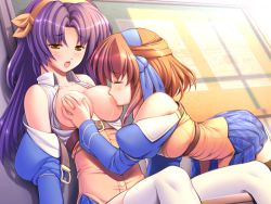 Rule 34 | 2girls, all fours, bare shoulders, belt, black thighhighs, blush, grabbing another&#039;s breast, breast sucking, breasts, brown hair, character request, closed eyes, detached sleeves, game cg, grabbing, gunner-l, hair ribbon, hairband, large breasts, long hair, multiple girls, nagakura mato, nipples, no bra, non-web source, open clothes, open mouth, open shirt, oppai baka, plaid, pleated skirt, purple hair, ribbon, school uniform, shirt, short hair, sitting, skirt, sunset, thighhighs, tomose nonomi, white thighhighs, yellow eyes, yuri, zettai ryouiki