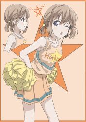 Rule 34 | 1girl, alternate costume, bare shoulders, blush, border, cheerleader, closed mouth, collarbone, dot nose, female focus, hair ornament, headset, highres, koisuru asteroid, konohata mira, looking at viewer, looking to the side, microphone, multicolored eyes, one eye closed, open mouth, orange background, orange hair, pom pom (cheerleading), qb (qb46311027), simple background, skirt, smile, solo, standing, star (symbol), star hair ornament, upper body