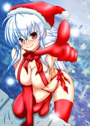 Rule 34 | 1girl, ahoge, bad id, bad pixiv id, blue hair, blush, breasts, city, cleavage, covered erect nipples, fuurin rei, glasses, gloves, hat, highres, large breasts, naked ribbon, original, pointing, pointing at viewer, pointy ears, red eyes, ribbon, santa hat, short hair, smile, snow, solo, syasr, thighhighs, tomoyan (nyakkoya)