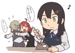 Rule 34 | 10s, 3girls, ?, ??, ahoge, arashi (kancolle), betchan, black hair, collared shirt, colorized, commentary request, flipped hair, fork, green eyes, grey hair, hair ornament, kantai collection, long hair, multiple girls, musical note, nowaki (kancolle), oyashio (kancolle), plate, purple eyes, quaver, red hair, school uniform, shirt, short hair, simple background, speech bubble, sweatdrop, translation request, white background