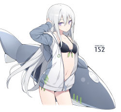 Rule 34 | 1girl, arm up, bikini, black bikini, breasts, closed mouth, cropped legs, front-tie bikini top, front-tie top, highres, inflatable shark, inflatable toy, jacket, long hair, looking at viewer, navel, open clothes, open jacket, original, poco (asahi age), purple eyes, raglan sleeves, revision, shark fin, silver hair, small breasts, solo, stomach, string bikini, swimsuit, thighs, very long hair, white background, white jacket