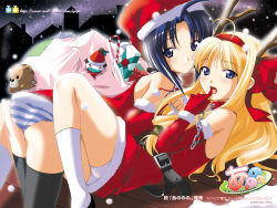 Rule 34 | + +, 2girls, all fours, anonono, antlers, armpits, ass, bare shoulders, belt, bent over, between thighs, black socks, black thighhighs, blonde hair, blue eyes, blue hair, blue panties, blush, bow, candy, candy cane, chain, christmas, cityscape, collar, copyright name, dress, elbow gloves, female focus, finger in own mouth, food, fur-trimmed headwear, fur trim, gift, girl on top, gloves, hair bow, hair tubes, hairband, hat, highres, horns, kneehighs, komiya momiji, legs, long hair, looking at viewer, looking back, lying, multiple girls, naughty face, night, night sky, official art, official wallpaper, on back, on stomach, open mouth, oumori erisu, outdoors, panties, pantyshot, parted bangs, profile, red gloves, rooftop, sack, santa costume, santa hat, shadow, short dress, short hair, sidelocks, silhouette, sky, smile, snow, snowing, socks, souryuu (double dragon), spiritspeak, striped clothes, striped panties, stuffed animal, stuffed toy, teddy bear, thighhighs, tongue, underwear, watermark, web address, white legwear, white panties, yuri