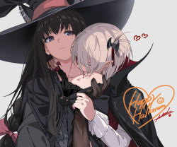 Rule 34 | 2girls, alternate hair color, animal ears, biting, black cape, black gloves, black hair, blood, blush, cape, cat ears, cat ornament, collarbone, ears through headwear, elbow gloves, frown, gloves, grey background, grey hair, hair ribbon, hand up, happy halloween, hat, heart, highres, holding another&#039;s wrist, inoue takina, long hair, long sleeves, lycoris recoil, multiple girls, nail polish, neko (yanshoujie), nishikigi chisato, pointy ears, red nails, ribbon, short hair, signature, simple background, single bare shoulder, vampire, witch hat, yuri