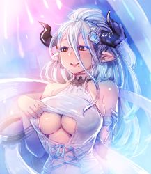 Rule 34 | 10s, 1girl, arm behind back, bare shoulders, blue hair, bow (bhp), breasts, cleavage, flower, granblue fantasy, hair flower, hair ornament, horns, izmir, izmir (summer) (granblue fantasy), large breasts, long hair, mole, mole under mouth, navel, pointy ears, red eyes, smile, solo, very long hair
