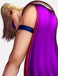 1girl arm_tattoo ass bent_over blonde_hair blue_eyes breasts come_hither dress fatal_fury garou:_mark_of_the_wolves highres hip_attack huge_ass jenet_behrn large_breasts legs long_hair looking_at_viewer looking_back one_eye_closed ponii sideboob smile snk tattoo the_king_of_fighters thighs wink