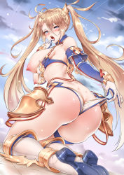Rule 34 | 1girl, artist request, ass, bare shoulders, blonde hair, blue eyes, blush, boots, bradamante (fate), bradamante (third ascension) (fate), braid, breasts, breasts out, butt crack, fate/grand order, fate (series), gloves, hair ornament, kinhasu, knee boots, kneeling, large breasts, long hair, looking at viewer, nipples, open mouth, panties, panty pull, shiny skin, shoe soles, sideboob, sidelocks, solo, thong, twintails, underwear, very long hair, wedgie