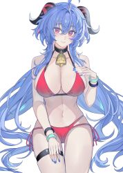 Rule 34 | 1girl, absurdres, ahoge, bare arms, bare shoulders, bell, bikini, black choker, blue hair, blue nails, blush, breasts, choker, commentary request, cowboy shot, echj, ganyu (genshin impact), genshin impact, hair between eyes, hand on own chest, highres, horns, large breasts, long hair, looking at viewer, multi-strapped bikini, nail polish, navel, neck bell, purple eyes, red bikini, side-tie bikini bottom, simple background, smile, solo, stomach, swimsuit, thigh strap, thighs, very long hair, white background