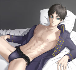 Rule 34 | 1boy, abs, brown hair, bulge, crossdressing, eren yeager, jacket, lace, lace-trimmed panties, lace trim, looking at viewer, male focus, muscular, nipples, on bed, open clothes, open jacket, panties, pectorals, purple panties, shingeki no kyojin, short hair, solo, tagme, underwear, yuno (yn s87)