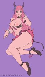 Rule 34 | 1girl, black eyes, breasts, breasts out, demon tail, highres, horns, kalruna, large breasts, one piece, perona, pink hair, tail, thighs