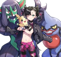 Rule 34 | 1girl, ;), ;d, asymmetrical bangs, black gloves, black hair, black jacket, breasts, commentary request, creatures (company), game freak, gen 4 pokemon, gen 8 pokemon, gloves, green eyes, grimmsnarl, hair ribbon, jacket, jacket on shoulders, long hair, long sleeves, marnie (pokemon), morpeko, morpeko (full), nintendo, one eye closed, open clothes, open jacket, open mouth, pantyhose, pantyhose under shorts, partially fingerless gloves, pink shorts, pokemon, pokemon (creature), pokemon swsh, red ribbon, ribbon, short shorts, shorts, signature, simple background, small breasts, smile, standing, striped clothes, striped pantyhose, takenoko no you, teeth, torn clothes, torn legwear, toxicroak, twintails, upper teeth only, white background
