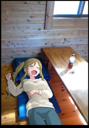 Rule 34 | 1girl, bench, black border, border, bottle, breasts, closed eyes, fang, hase yu, inuyama aoi, large breasts, light brown hair, long sleeves, lying, on back, open mouth, photo background, side ponytail, sidelocks, skin fang, smile, solo, thick eyebrows, window, wooden floor, yurucamp
