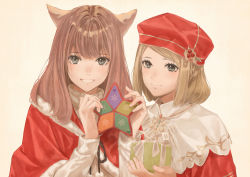 Rule 34 | 2girls, absurdres, animal ears, warrior of light (ff14), bad id, bad pixiv id, blonde hair, brown background, brown hair, cat ears, cloak, closed mouth, commentary request, ff14yonah, final fantasy, final fantasy xiv, fur-trimmed cloak, fur trim, gift, grey eyes, hands up, highres, holding, holding gift, hyur, long hair, long sleeves, looking at viewer, miqo&#039;te, multiple girls, parted lips, red cloak, red headwear, red robe, robe, short hair, smile, snowflakes, sweater, turtleneck, turtleneck sweater, upper body, white sweater