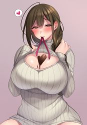 Rule 34 | 1girl, ahoge, between breasts, blush, braid, breast suppress, breasts, brown eyes, brown hair, candy, chocolate, chocolate heart, cleavage, cleavage cutout, clothing cutout, eryu kamemura, eyebrows hidden by hair, female focus, food, gradient background, hands on own chest, hands up, heart, highres, huge breasts, idolmaster, idolmaster shiny colors, kuwayama chiyuki, large breasts, legs, long hair, looking at viewer, mouth hold, pink background, red neckwear, simple background, single braid, sitting, solo, spoken heart, sweater, thighs, turtleneck, turtleneck sweater