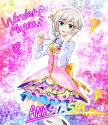 Rule 34 | 10s, 1girl, anastasia (idolmaster), blue eyes, blush, character name, dress, hair ornament, heart, highres, idolmaster, idolmaster cinderella girls, jewelry, looking at viewer, necklace, official style, open mouth, popon ta, ribbon, shirt, short hair, silver hair, smile, solo, white shirt