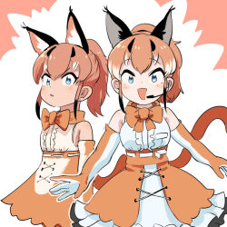Rule 34 | 2girls, alternate hairstyle, animal ears, bare shoulders, black hair, blue eyes, blush, bow, bowtie, caracal (kemono friends), cat ears, cat girl, cat tail, center frills, elbow gloves, extra ears, frilled skirt, frills, gloves, hair between eyes, high-waist skirt, highres, kemono friends, kemono friends v project, light brown hair, looking at viewer, mcgunngu, microphone, multicolored hair, multiple girls, multiple views, open mouth, orange bow, orange bowtie, orange gloves, orange skirt, ponytail, shirt, sidelocks, skirt, sleeveless, tail, tan, two-tone skirt, white gloves, white shirt, white skirt