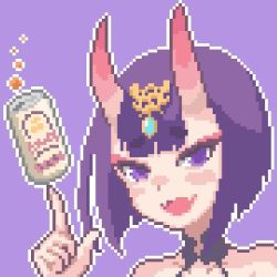 Rule 34 | 1girl, alcohol, balancing, beer, beer can, bob cut, can, drink can, fang, fate/grand order, fate (series), hcnone, horns, index finger raised, looking at viewer, oni, open mouth, outline, pixel art, portrait, purple background, purple eyes, purple hair, short hair, shuten douji (fate), simple background, skin-covered horns, smile, solo, white outline