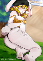 Rule 34 | 1girl, animal ears, artist name, ass, blonde hair, blush, breath, rabbit, carrot (one piece), feet, furry, furry female, grass, hand on thigh, hat, highres, one eye closed, one piece, outdoors, panties, solo, tail, tree, underwear, zorzero