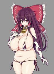 Rule 34 | 1girl, alternate breast size, animal print, bell, bikini, blush, bow, breasts, brown hair, collar, cow print, curvy, elbow gloves, gloves, grey background, groin, hair bow, hakurei reimu, hand on own chest, highres, huge breasts, large bow, navel, neck bell, panties, plump, print bikini, red bow, red eyes, sawati, sidelocks, simple background, solo, stomach, straight hair, swimsuit, thick thighs, thighs, touhou, underwear