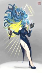Rule 34 | 1girl, bare shoulders, blonde hair, blue dress, blue footwear, blue hair, braid, breasts, cleavage, cleavage cutout, closed mouth, clothing cutout, commentary request, dress, eyebrows hidden by hair, full body, grey background, gun, hair between eyes, handgun, high heels, highres, hip vent, holding, holding gun, holding mask, holding weapon, horns, long hair, looking at viewer, mask, medium breasts, multicolored hair, natori youkai, original, ponytail, revolver, shoes, shoulder cutout, simple background, solo, two-tone hair, unworn mask, very long hair, weapon, yellow eyes