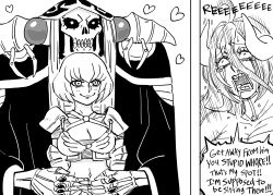 Rule 34 | 1boy, 2girls, absurdres, ainz ooal gown, albedo (overlord), bb (baalbuddy), breasts, cleavage, clementine (overlord), closed mouth, commentary, english commentary, english text, greyscale, hair between eyes, highres, horns, jealous, jewelry, large breasts, long hair, midriff, monochrome, multiple girls, navel, open mouth, overlord (maruyama), ring, skeleton, skull, smile, tears, wide-eyed