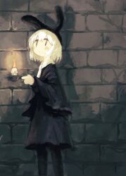 Rule 34 | 1girl, animal ears, black dress, black pantyhose, brick wall, candle, closed mouth, commentary request, dress, fake animal ears, feet out of frame, hand up, highres, holding, holding candle, kezuru, long sleeves, looking to the side, original, pantyhose, rabbit ears, short hair, solo, standing, white hair, | |