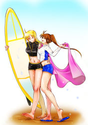 Rule 34 | 00s, 10s, 2girls, arm around waist, beach, blonde hair, brown hair, couple, closed eyes, fate testarossa, happy, highres, long hair, looking at another, lyrical nanoha, mahou shoujo lyrical nanoha, mahou shoujo lyrical nanoha strikers, mahou shoujo lyrical nanoha vivid, multiple girls, ponytail, side ponytail, smile, sos77755, surfboard, takamachi nanoha, towel, very long hair, wet, yuri