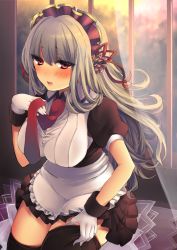 Rule 34 | 1girl, apron, black skirt, black thighhighs, blush, breasts, curtains, eyebrows, frilled apron, frills, gloves, grey hair, long hair, maid, maid headdress, medium breasts, necktie, open mouth, original, pleated skirt, puffy short sleeves, puffy sleeves, red eyes, red necktie, shikino yuki, short sleeves, sitting, skirt, solo, thighhighs, undressing, waist apron, white gloves, window