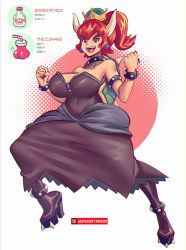 Rule 34 | boots, bowsette, breasts, dark skin, dress, earrings, gameplay mechanics, high heel boots, high heels, horns, jewelry, large breasts, mario (series), nintendo, open mouth, red eyes, red hair, smile, studded anklet, studded bracelet, super crown, supersatanson, thick eyebrows, turtle shell