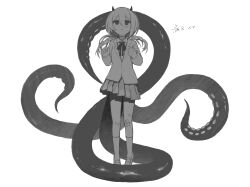 Rule 34 | 1girl, bandaid, bandaid on leg, blazer, character name, collared shirt, commentary request, floating hair, full body, gauze on knee, greyscale, hair between eyes, hands up, highres, horns, indie virtual youtuber, iren krkt, jacket, kneehighs, loafers, long sleeves, looking at viewer, low twintails, monochrome, neck ribbon, parted lips, pleated skirt, ribbon, ringed eyes, shirt, shoes, simple background, skirt, socks, solo, stitched neck, stitches, tareme, tentacle tail, tentacles, triangle mouth, twintails, virtual youtuber, yamata ia