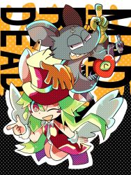 Rule 34 | 1girl, 2boys, animal ears, blush stickers, breasts, ear tag, green hair, hat, heart (mad rat dead), highres, hole on body, leotard, mad rat, mad rat dead, mouse (animal), mouse ears, mouse girl, mouse tail, multiple boys, nippon ichi, rat god, red eyes, ribs, stitches, tail, tie clip, top hat, wings, wrist cuffs