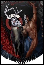 Rule 34 | 1boy, abs, animal head, arm up, artist name, bara, brown hair, closed mouth, dark-skinned male, dark skin, closed eyes, flower, half mask, highres, large pectorals, loincloth, loincloth aside, male focus, mask, muscular, muscular male, navel, nipples, nude, oricalcon, overwatch, overwatch 1, pectorals, reaper (overwatch), red flower, short hair, solo, statue, thick thighs, thighs, very short hair