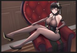 Rule 34 | 1girl, absurdres, armchair, azur lane, bare shoulders, black dress, black footwear, black gloves, black hair, black pantyhose, bodystocking, breasts, chair, chen hai (azur lane), chen hai (vestibule of wonders) (azur lane), cleavage, closed mouth, covered navel, dido (magicc), dress, elbow gloves, flower, full body, gloves, hair flower, hair ornament, hand on own knee, high heels, highres, large breasts, lips, lipstick, long hair, looking at viewer, makeup, official alternate costume, pantyhose, pumps, purple eyes, shoes, simple background, sitting, solo, stiletto heels, thighs