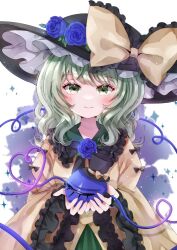 Rule 34 | 1girl, black hat, blue flower, blue rose, blush, bow, closed mouth, commentary, flower, frilled bow, frilled headwear, frilled shirt collar, frilled sleeves, frills, green eyes, green hair, green skirt, hat, hat bow, hat flower, heart, heart-shaped pupils, heart of string, holding eyeball, huge bow, jaku sono, komeiji koishi, light smile, long hair, looking at viewer, rose, shirt, simple background, skirt, solo, sparkle, straight-on, symbol-shaped pupils, third eye, top hat, touhou, upper body, white background, wide sleeves, yellow bow, yellow shirt