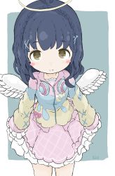Rule 34 | 1girl, absurdres, ahoge, amamiya kokoro, black hair, blue jacket, braid, brown eyes, closed mouth, commentary request, crown braid, fang, fang out, feathered wings, frilled skirt, frills, grey background, hair ornament, halo, headphones, headphones around neck, highres, jacket, long sleeves, looking at viewer, nijisanji, pink skirt, rururu (pyrk8855), skirt, sleeves past fingers, sleeves past wrists, smile, solo, two-tone background, virtual youtuber, white background, white wings, wings, x hair ornament