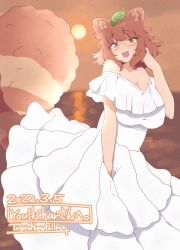 Rule 34 | 1girl, :d, absurdres, animal ears, bad id, bad twitter id, bare shoulders, breasts, brown hair, commission, dated, dress, glasses, gyoubu danuki, gyoubu danuki (monster girl encyclopedia), highres, leaf, leaf on head, long dress, looking at viewer, medium hair, monster girl, monster girl encyclopedia, okaasan (okaasandx), open mouth, skeb commission, smile, solo, strapless, strapless dress, tail, white dress, yellow eyes