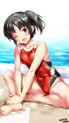 Rule 34 | 1girl, artist name, barefoot, black hair, black one-piece swimsuit, breasts, collarbone, competition swimsuit, covered navel, dated, day, headband, highleg, highleg swimsuit, highres, kantai collection, looking at viewer, medium hair, nagara (kancolle), one-piece swimsuit, one eye closed, outdoors, pool, poolside, red one-piece swimsuit, side ponytail, sitting, skindentation, small breasts, solo, swimsuit, tsuchimiya