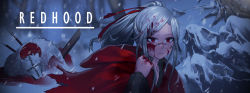 Rule 34 | 1girl, bleeding, blood, blood on face, blood in hair, blood on hands, cain (gunnermul), cloak, closed mouth, death, english text, grey hair, highres, hood, hood down, hooded cloak, little red riding hood, little red riding hood (grimm), long hair, monster, outdoors, ponytail, red cloak, red eyes, rock, scar, scar on face, scar on nose, snow, snowing, solo focus, stitches, torn, torn cloak, torn clothes, tree, walking away, winter, wolf