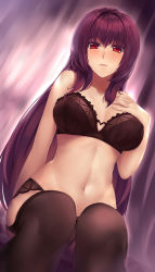 Rule 34 | 1girl, bad id, bad pixiv id, bare arms, bare shoulders, black bra, black panties, black thighhighs, bra, breast suppress, breasts, clothing cutout, curtains, dutch angle, fate/grand order, fate (series), frilled bra, frills, garter straps, hair between eyes, hand on own chest, heart cutout, highres, ian wang, indoors, large breasts, long hair, navel, panties, parted lips, purple hair, red eyes, scathach (fate), sitting, solo, stomach, thighhighs, underwear, underwear only, very long hair