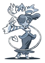 Rule 34 | 1girl, bandages, bare shoulders, blue theme, detached sleeves, dress, hair over one eye, hounori, leviathan (skullgirls), looking at viewer, monochrome, side ponytail, simple background, skull, skullgirls, solo, squigly (skullgirls), standing, white background, wide sleeves