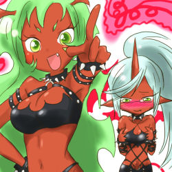 Rule 34 | 10s, 2girls, bibirin, blue hair, blush, breast envy, breasts, cleavage, colored skin, demon girl, fang, frown, glasses, green eyes, green hair, horns, kneesocks (psg), large breasts, long hair, multiple girls, navel, open mouth, panty &amp; stocking with garterbelt, pointing, ponytail, red skin, scanty (psg), siblings, sisters, small breasts, very long hair