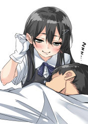 Rule 34 | 1boy, 1girl, admiral (kancolle), bad id, bad twitter id, black eyes, black hair, blue ribbon, blush, buttons, closed mouth, collared shirt, commentary request, ebifurya, gloves, hair between eyes, hair ornament, hairclip, hand up, hetero, highres, inactive account, kantai collection, long hair, looking at another, looking down, neck ribbon, oyashio (kancolle), ribbon, shirt, short sleeves, sidelocks, simple background, sleeping, smile, white background, white gloves, white shirt, zzz