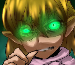 Rule 34 | 1girl, angry, biting, biting own thumb, blonde hair, crazy eyes, female focus, glowing, glowing eyes, green eyes, lowres, mizuhashi parsee, portrait, solo, soubi, biting own thumb, touhou
