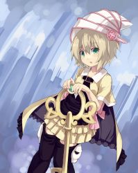 Rule 34 | 1girl, absurdres, black legwear, cape, duel monster, gagaga sister, green eyes, hat, highres, key, light brown hair, looking at viewer, normaland, open mouth, short hair, solo, witch hat, yu-gi-oh!