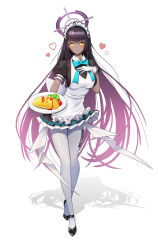 Rule 34 | 1girl, ?, absurdres, alternate costume, apron, black hair, blue archive, blush, closed mouth, commentary request, crossed bangs, crossed legs, dark-skinned female, dark skin, enmaided, food, frilled apron, frilled skirt, frills, frown, full body, gloves, hair between eyes, halo, hand on own chest, heart, high heels, highres, holding, holding plate, hoze, karin (blue archive), knees together feet apart, lettuce, long hair, looking at viewer, maid, maid apron, multicolored hair, omelet, omurice, pantyhose, plate, purple hair, shadow, short sleeves, simple background, skirt, solo, standing, streaked hair, tan, tomato, two-tone hair, very long hair, white apron, white background, white gloves, white pantyhose, yellow eyes