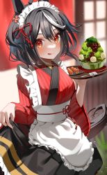 Rule 34 | 1girl, :q, absurdres, animal ears, apron, black hair, blurry, blurry background, blush, commentary request, food, hair ornament, highres, holding, horse ears, horse girl, horse tail, japanese clothes, kimono, kitasan black (umamusume), looking at viewer, maid, maid headdress, multicolored hair, ningen mame, red eyes, red kimono, shaved ice, short hair, solo, streaked hair, striped clothes, striped kimono, tail, tongue, tongue out, umamusume, vertical-striped clothes, vertical-striped kimono, wa maid, white apron, white hair