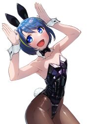 Rule 34 | 1girl, :d, animal ears, arched back, armpits, arms up, bare arms, bare shoulders, black bow, black bowtie, black leotard, blue eyes, blue hair, bow, bowtie, brown pantyhose, collar, collarbone, cowboy shot, detached collar, fake animal ears, fake tail, flat chest, highleg, highleg leotard, highres, hoshinone shizuku, indie virtual youtuber, leotard, light blush, looking up, multicolored hair, narrow waist, open mouth, osanadaisuke, pantyhose, playboy bunny, rabbit ears, rabbit pose, rabbit tail, ribs, shiny clothes, short hair, simple background, smile, solo, streaked hair, swept bangs, tail, tongue, very short hair, virtual youtuber, white background, white collar, white wrist cuffs, wrist cuffs